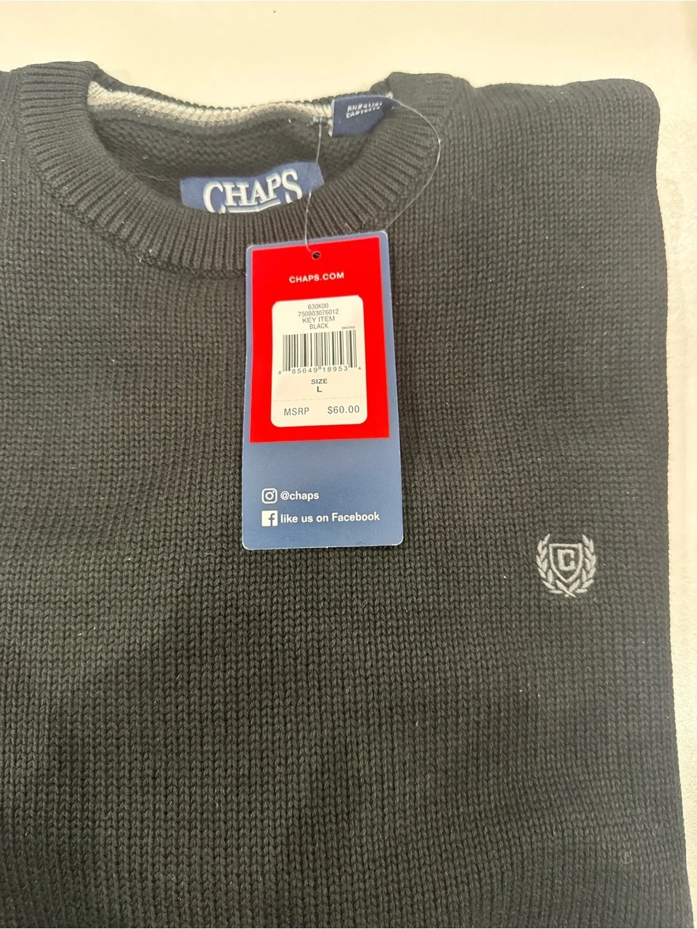 Chaps Men's Black Crewneck Sweater with Crest